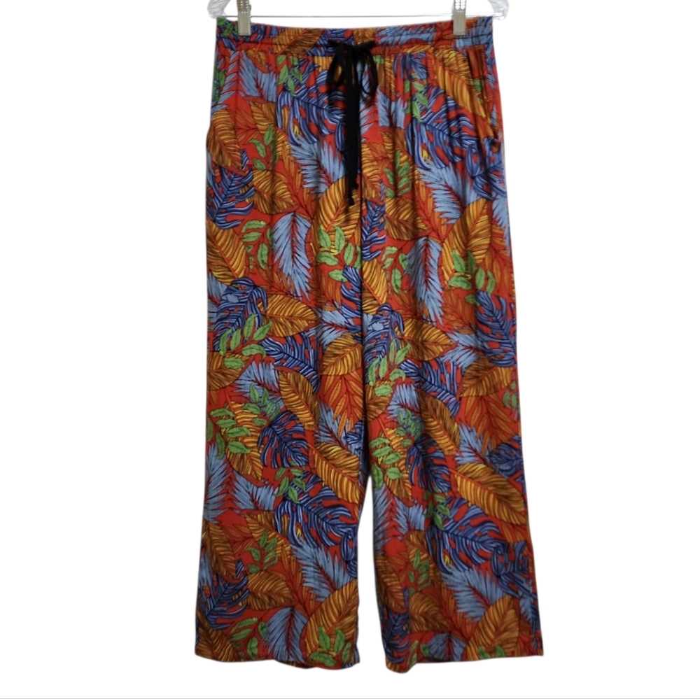 Hazel Pants Womens L Red Rayon Tropical Crop Pull On Wide Leg Drawstring Pockets